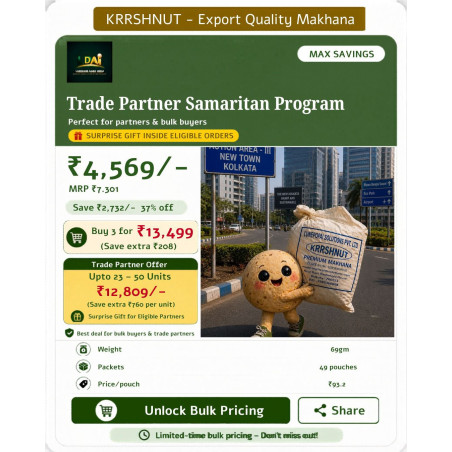 Unlock bigger savings on premium export-quality makhana with KRRSHNUT Trade Partner bulk offers.